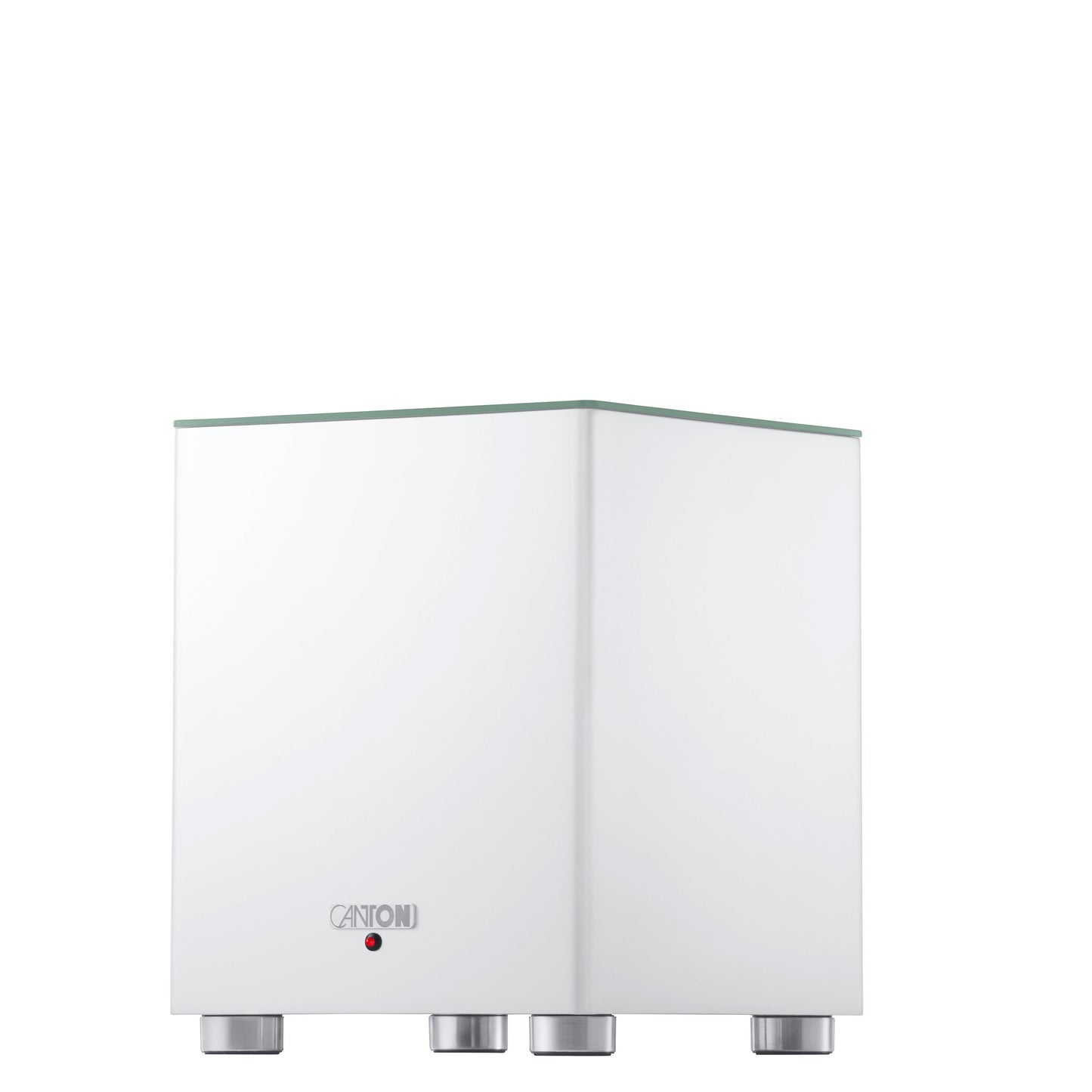 Canton Smart Sub 8 Wireless-Subwoofer Weiss Schrägansicht mit Front und Seitenwange auf Aluminiumfüssen
