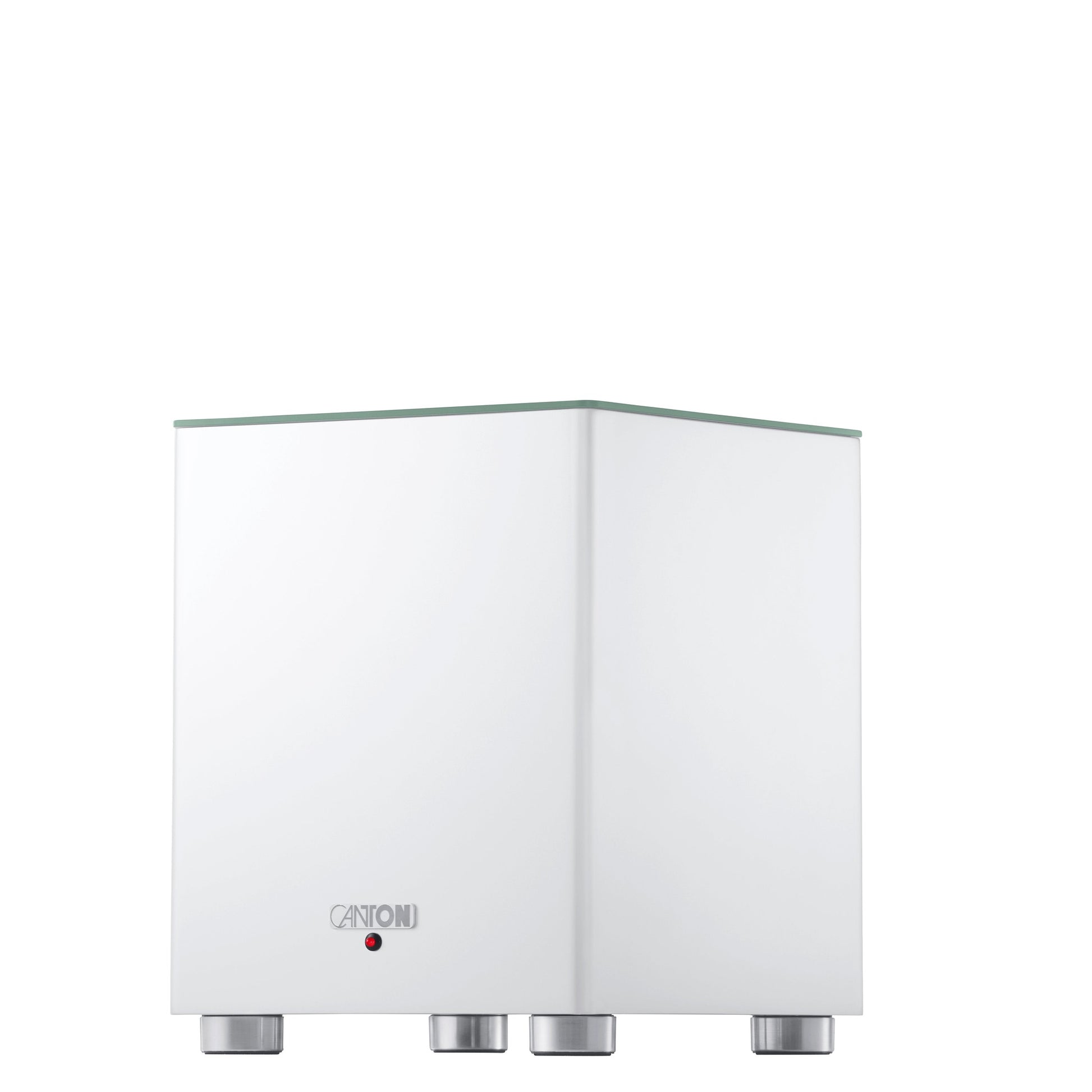 Canton Smart Sub 8 Wireless-Subwoofer Weiss Schrägansicht mit Front und Seitenwange auf Aluminiumfüssen