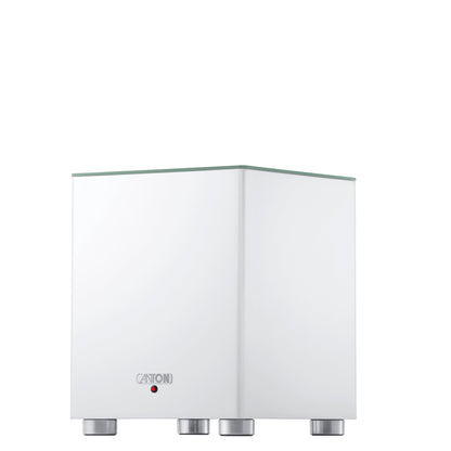 Canton Smart Sub 8 Wireless-Subwoofer Weiss Schrägansicht mit Front und Seitenwange auf Aluminiumfüssen