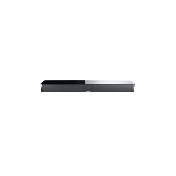 Canton Sound M Soundbar Schwarz Frontansicht mit schwarzer Glasplatte und dunklem Metallgitter