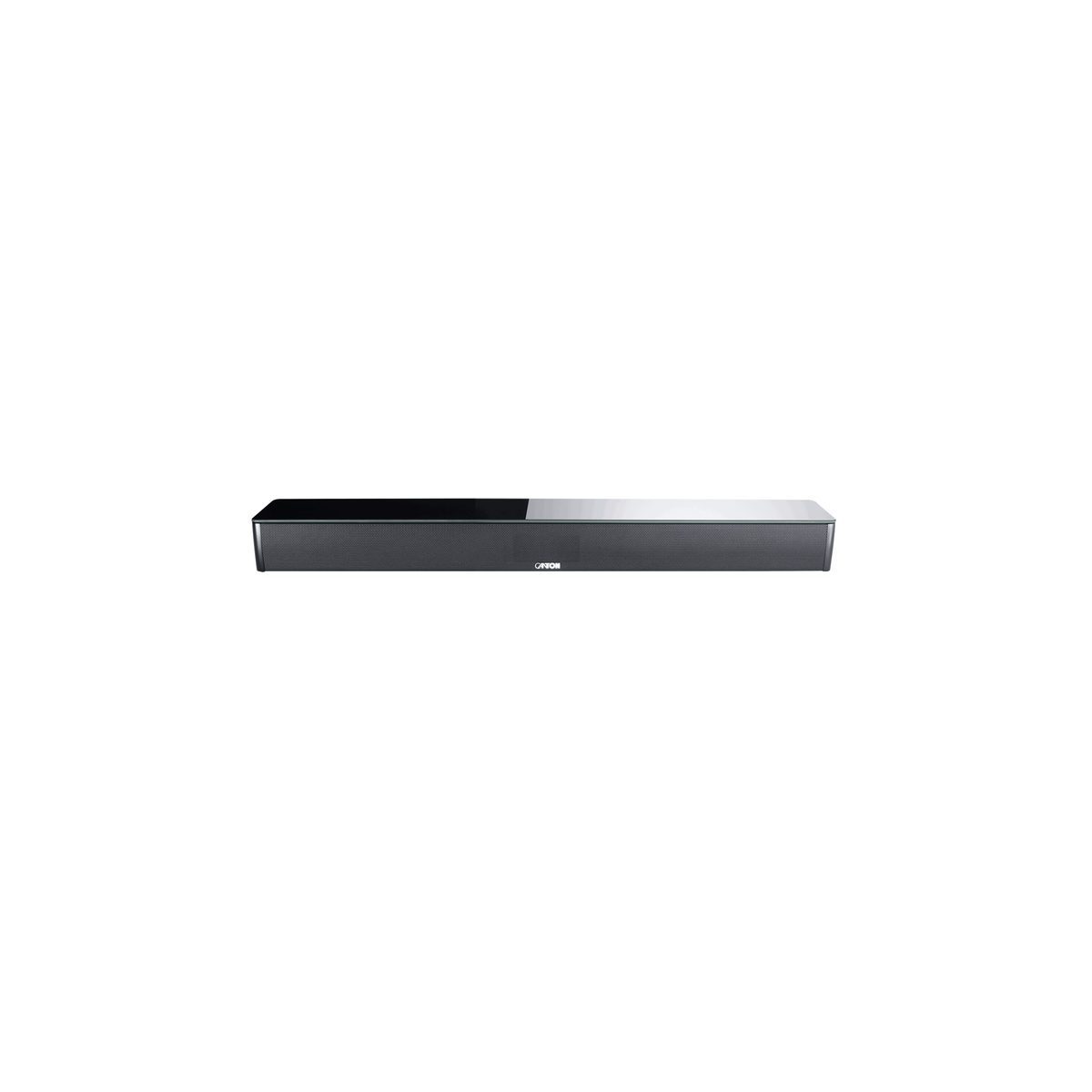 Canton Sound M Soundbar Schwarz Frontansicht mit schwarzer Glasplatte und dunklem Metallgitter