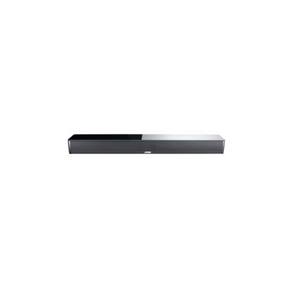 Canton Sound M Soundbar Schwarz Frontansicht mit schwarzer Glasplatte und dunklem Metallgitter