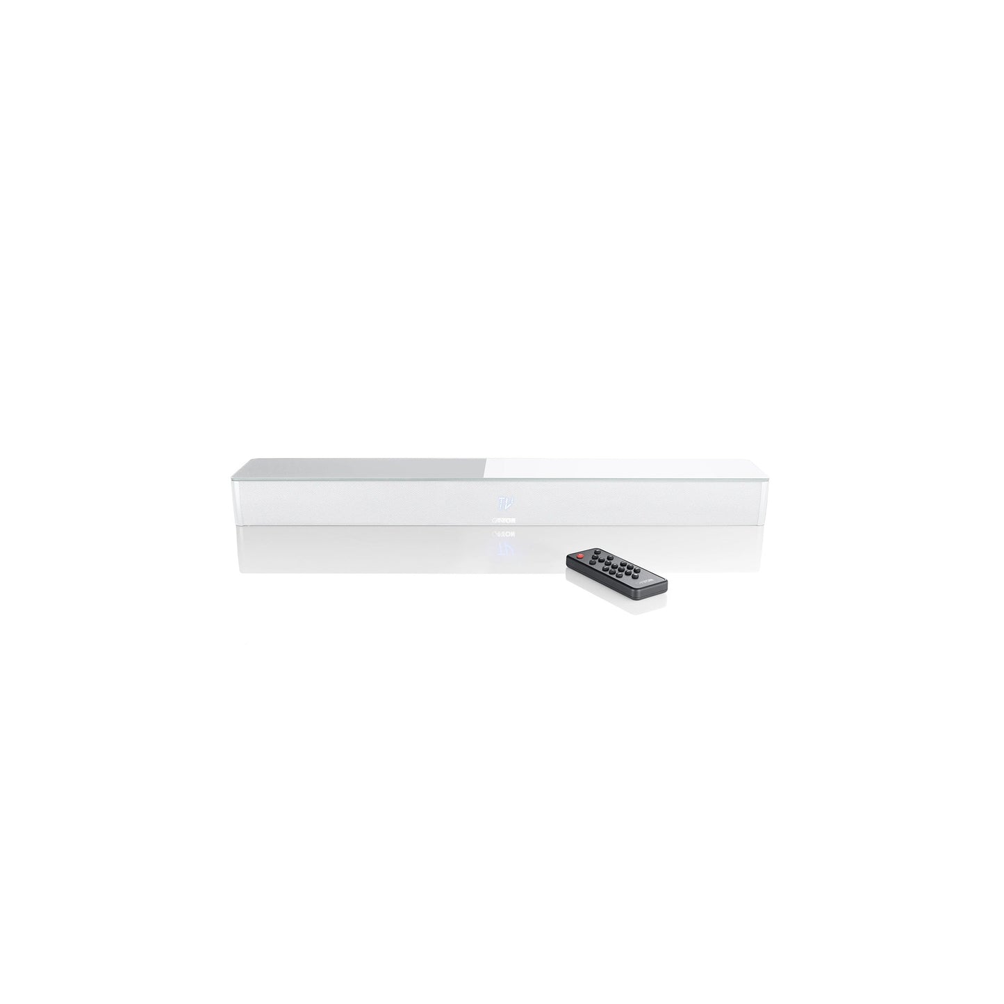 Canton Sound M Soundbar Weiss Schrägansicht von vorne, davor die Fernbedienung