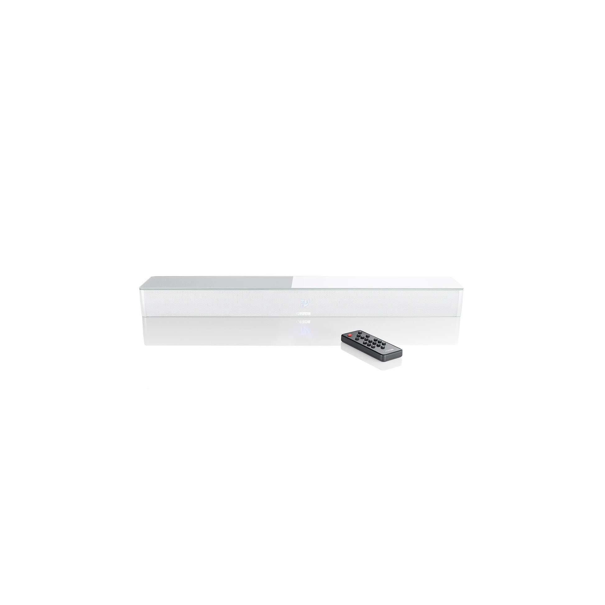 Canton Sound M Soundbar Weiss Schrägansicht von vorne, davor die Fernbedienung