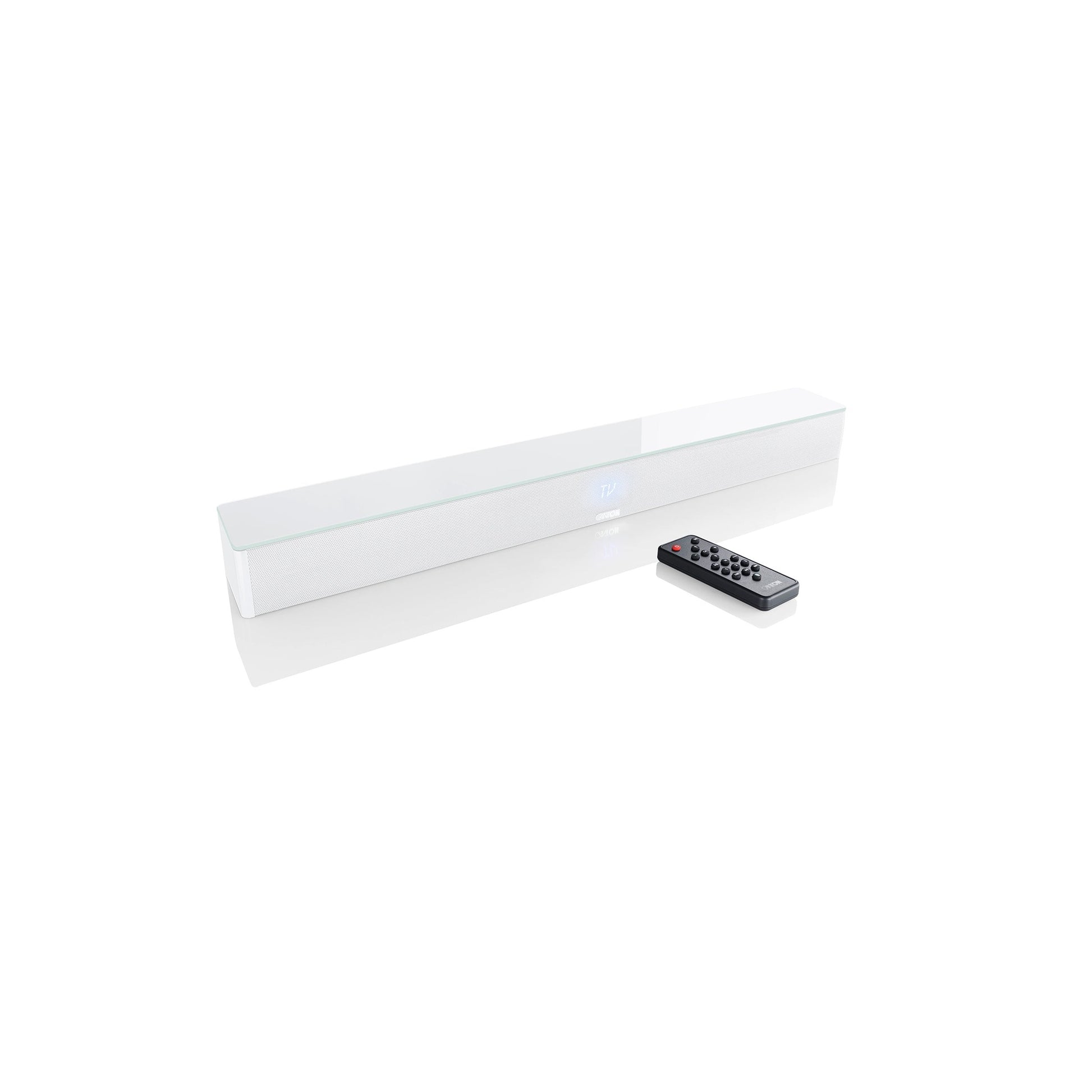 Canton Sound M Soundbar Weiss Schrägansicht von oben mit beiliegender Fernbedienung
