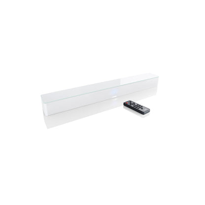 Canton Sound M Soundbar Weiss Schrägansicht von oben mit beiliegender Fernbedienung