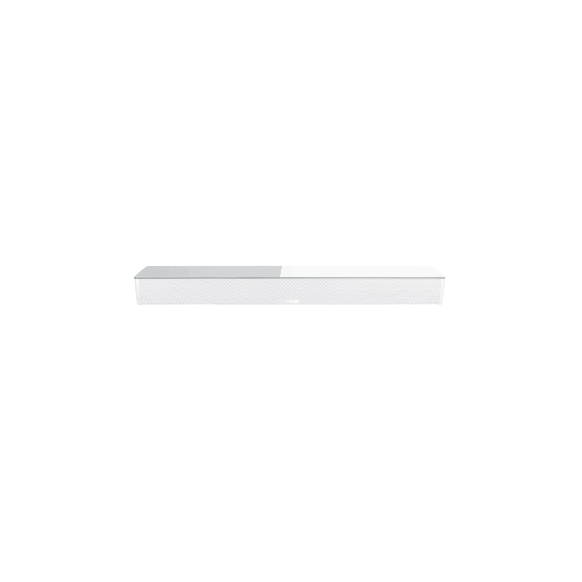 Canton Sound M Soundbar Weiss Frontansicht mit Glasplatte und weissem Metallgitter