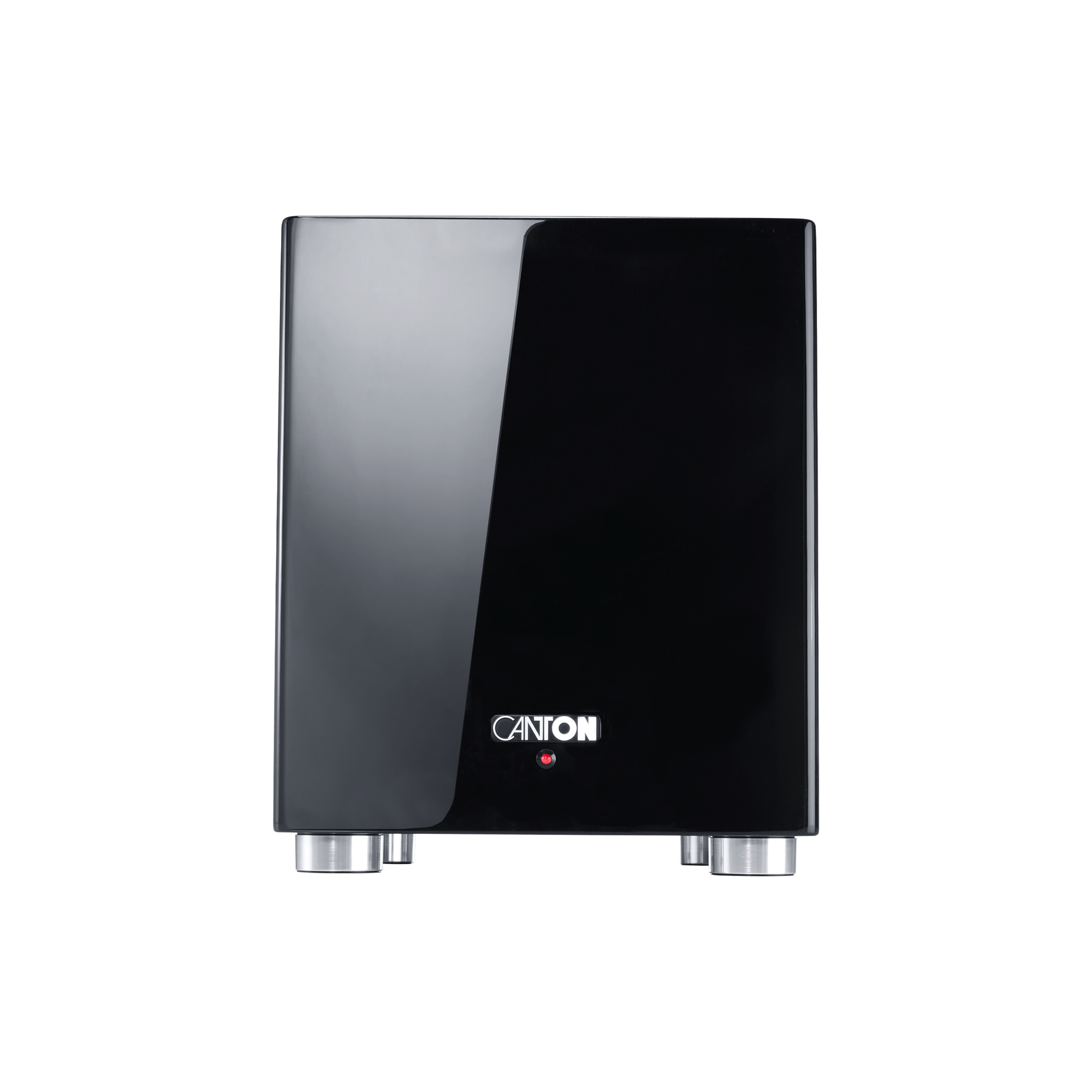 Canton Sub 601 Aktiv-Subwoofer Schwarz Frontansicht, Hochglanz-Gehäuse mit Aluminium-Standfüssen