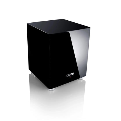 Canton Sub 601 Aktiv-Subwoofer Schwarz Schrägansicht von oben auf das würfelförmige Hochglanz-Gehäuse