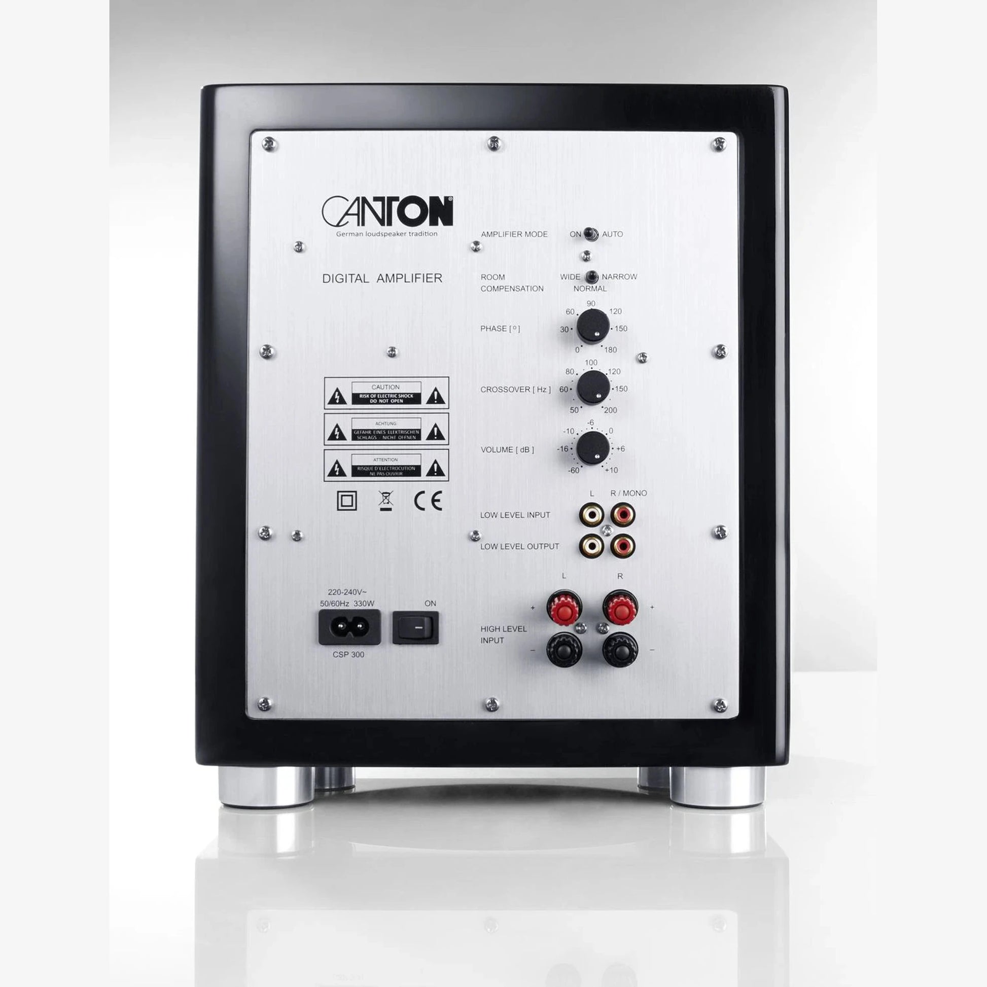 Canton Sub 601 Aktiv-Subwoofer Schwarz Rückansicht mit Verstärkerfeld, Reglern und Cinch-Anschlüssen