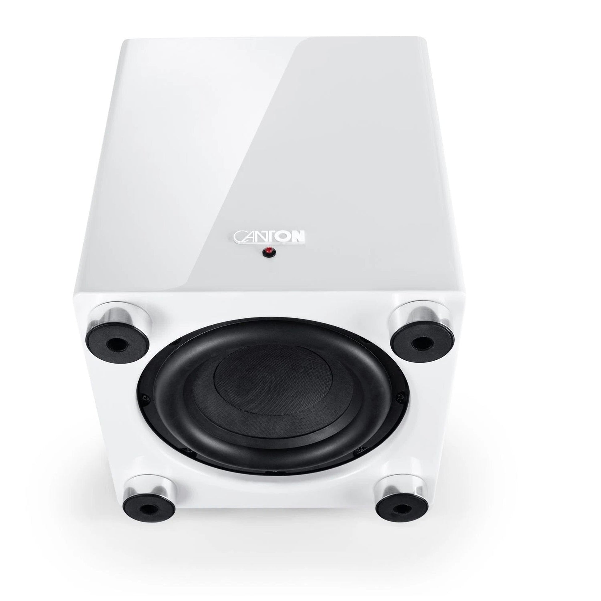 Canton Sub 601 Aktiv-Subwoofer Weiss Detailansicht Downfire-Chassis an der Gehäuseunterseite