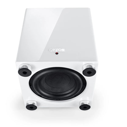 Canton Sub 601 Aktiv-Subwoofer Weiss Detailansicht Downfire-Chassis an der Gehäuseunterseite