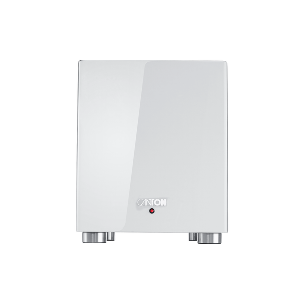 Canton Sub 601 Aktiv-Subwoofer Weiss Frontansicht, Hochglanz-Gehäuse mit silbernen Standfüssen