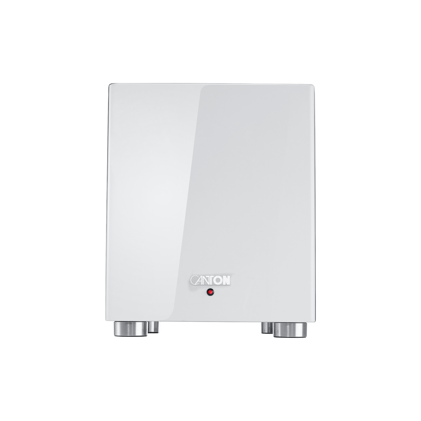 Canton Sub 601 Aktiv-Subwoofer Weiss Frontansicht, Hochglanz-Gehäuse mit silbernen Standfüssen