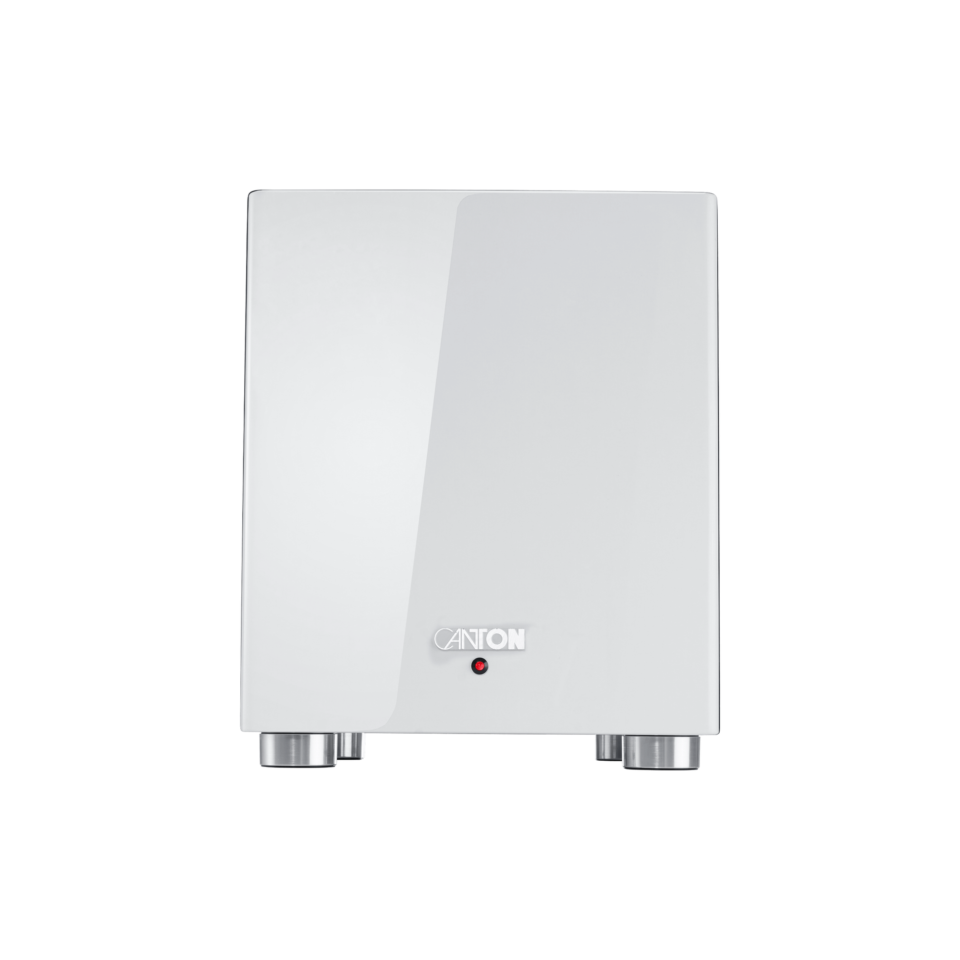 Canton Sub 601 Aktiv-Subwoofer Weiss Frontansicht, Hochglanz-Gehäuse mit silbernen Standfüssen