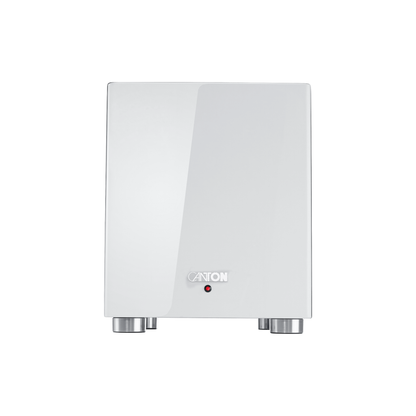 Canton Sub 601 Aktiv-Subwoofer Weiss Frontansicht, Hochglanz-Gehäuse mit silbernen Standfüssen