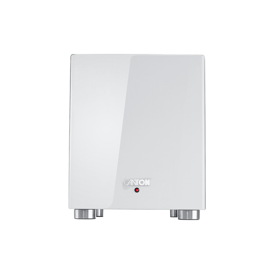 Canton Sub 601 Aktiv-Subwoofer Weiss Frontansicht, Hochglanz-Gehäuse mit silbernen Standfüssen