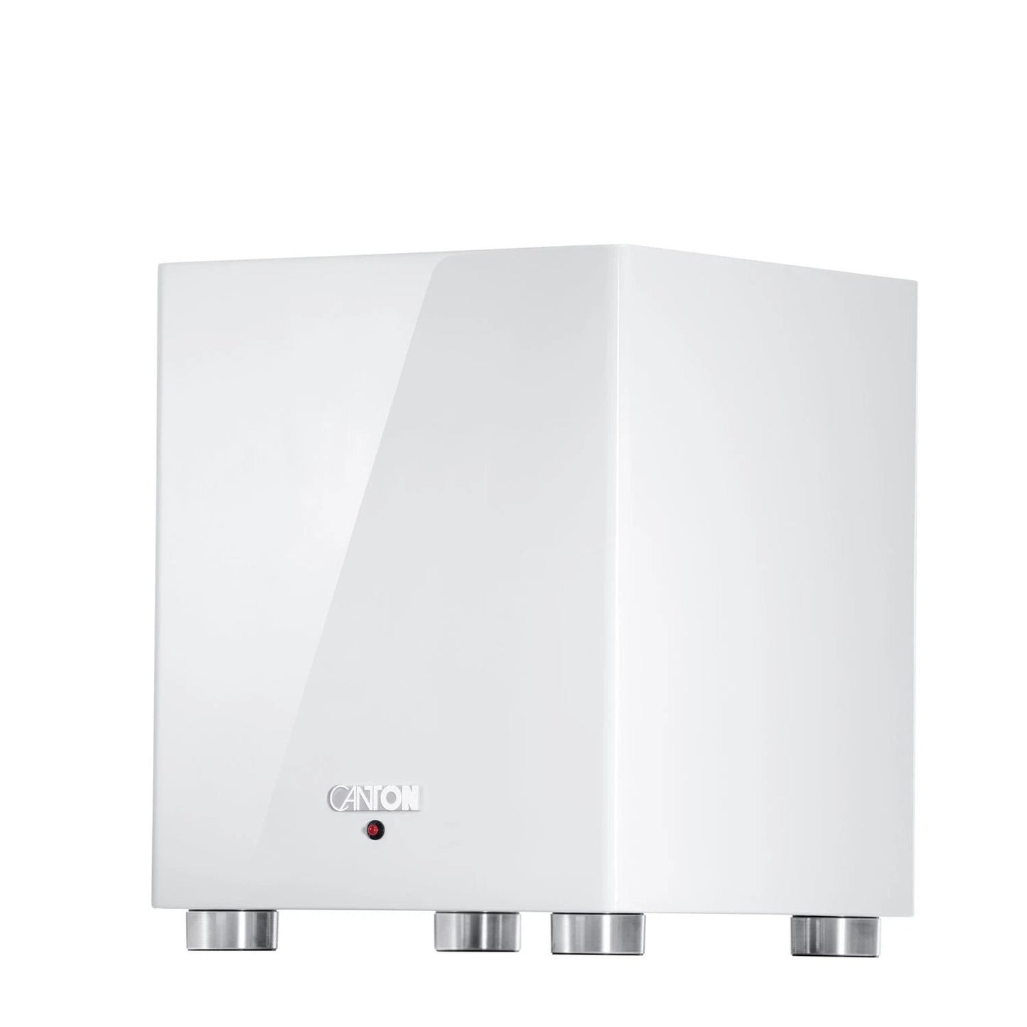 Canton Sub 601 Aktiv-Subwoofer Weiss Seitenansicht des geschlossenen Hochglanz-Gehäuses