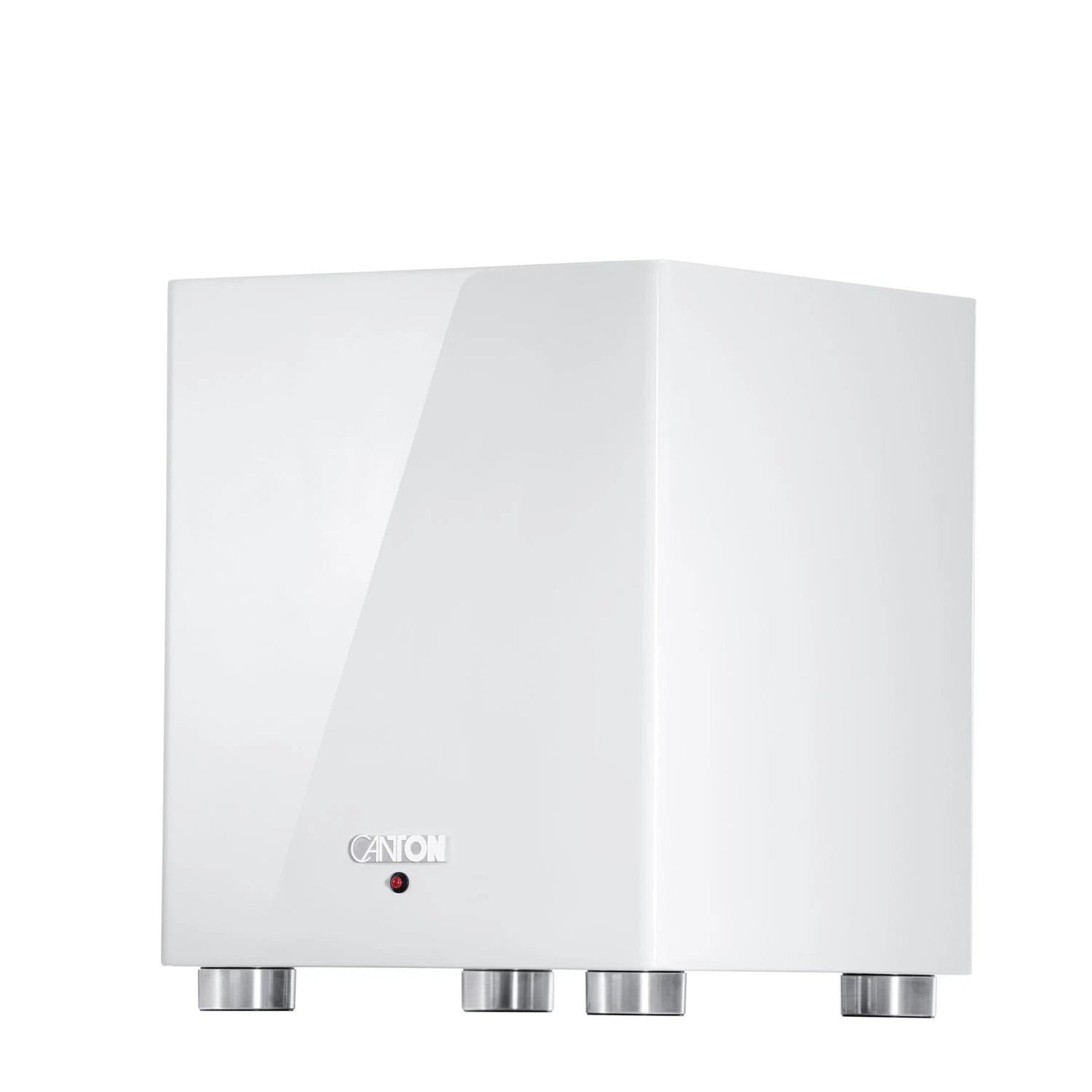 Canton Sub 601 Aktiv-Subwoofer Weiss Seitenansicht des geschlossenen Hochglanz-Gehäuses