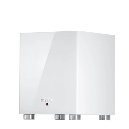 Canton Sub 601 Aktiv-Subwoofer Weiss Seitenansicht des geschlossenen Hochglanz-Gehäuses
