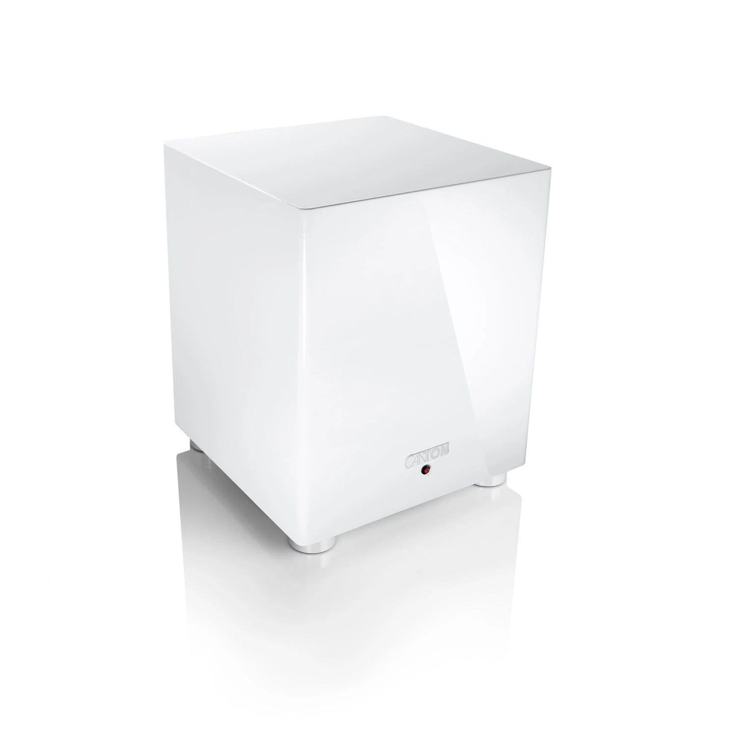 Canton Sub 601 Aktiv-Subwoofer Weiss Schrägansicht von oben, würfelförmiges Gehäuse in Hochglanz