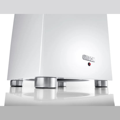 Canton Sub 601 Aktiv-Subwoofer Weiss Detailansicht der Standfüsse aus Aluminium von der Seite