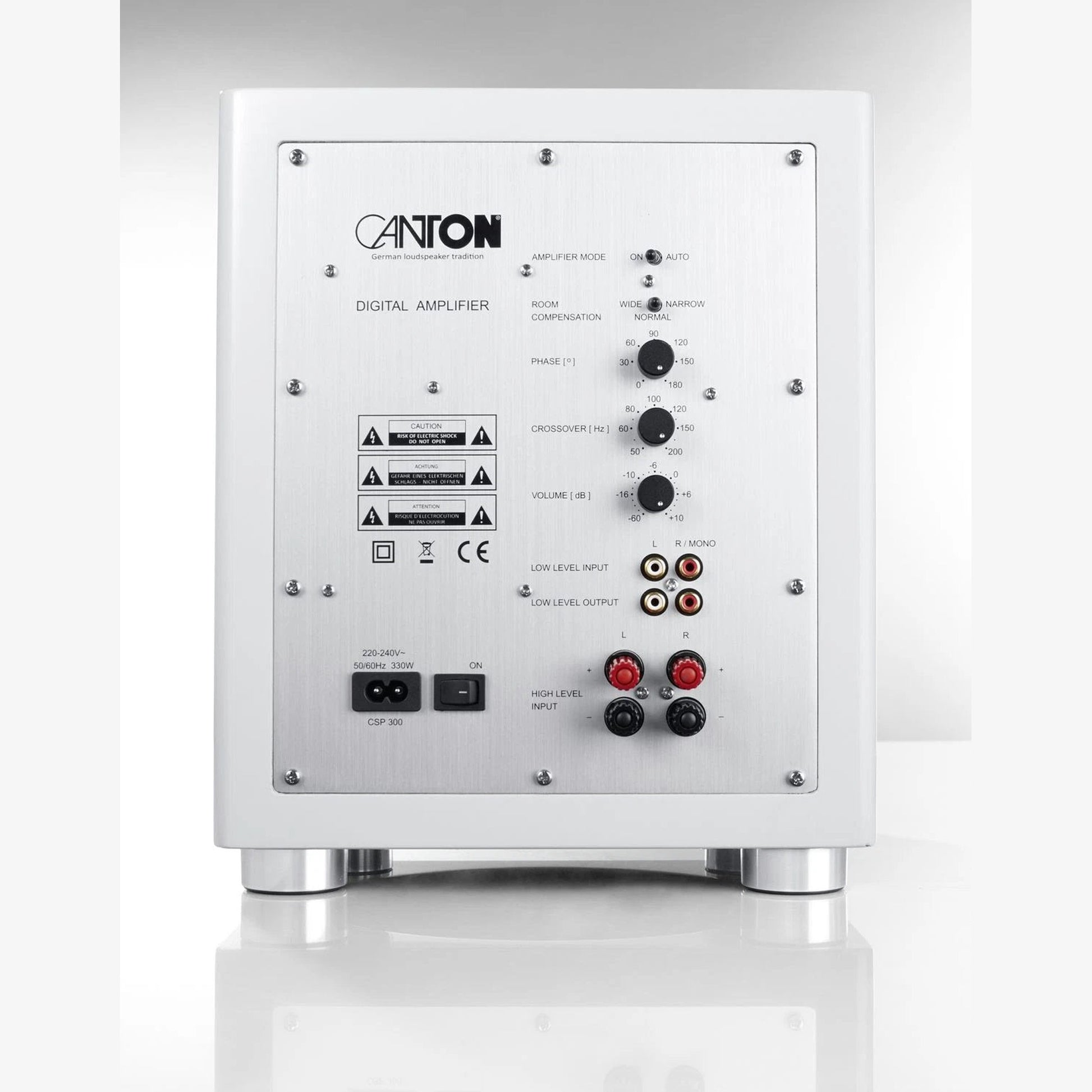Canton Sub 601 Aktiv-Subwoofer Weiss Rückansicht, Verstärkerfeld mit Pegel- und Frequenzreglern