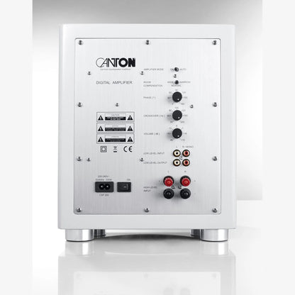 Canton Sub 601 Aktiv-Subwoofer Weiss Rückansicht, Verstärkerfeld mit Pegel- und Frequenzreglern