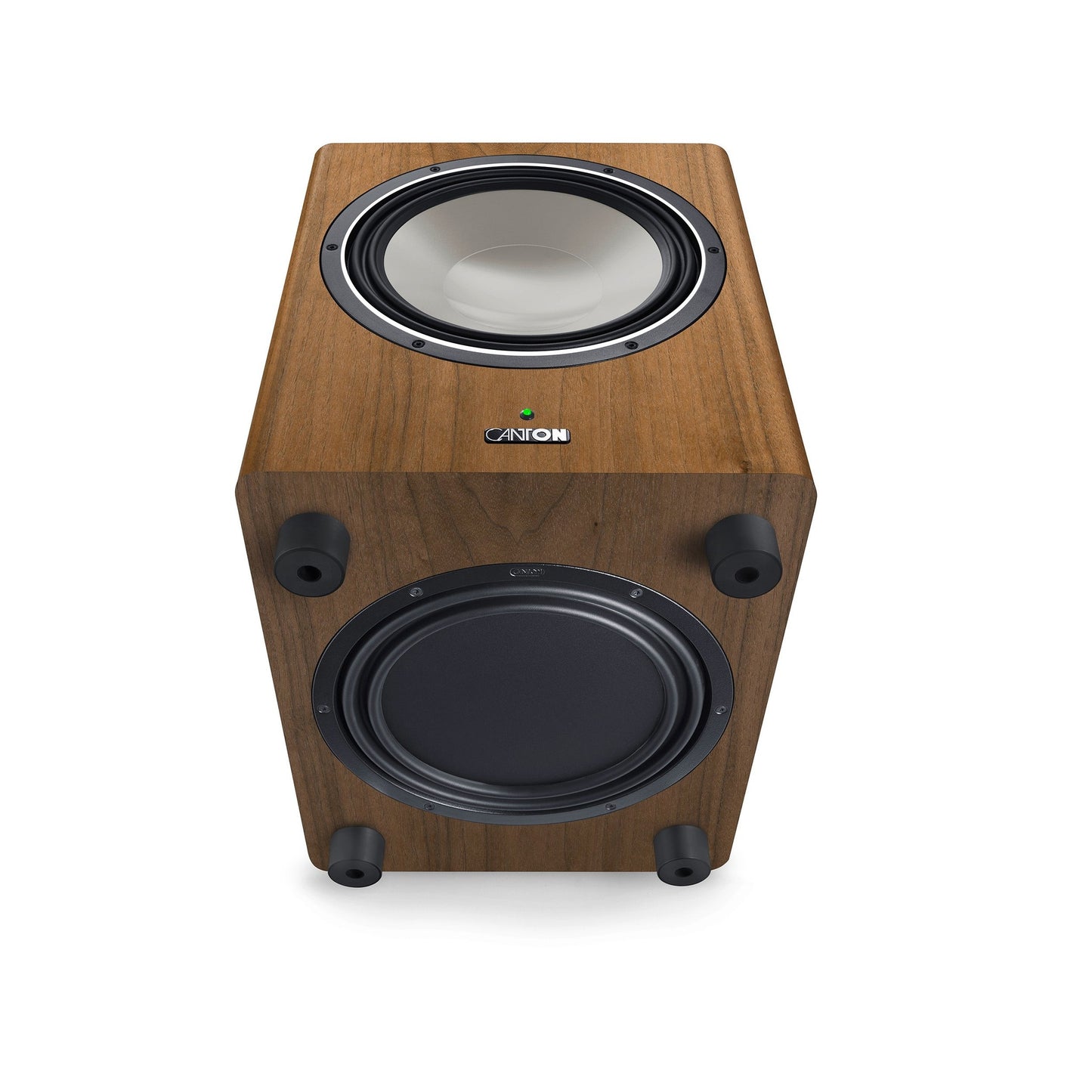 Canton Townus Sub 12 Aktiv-Subwoofer Nussbaum Detailansicht Downfire-Chassis auf der Gehäuseunterseite