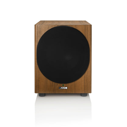 Canton Townus Sub 12 Aktiv-Subwoofer Nussbaum Frontansicht mit magnetischer Stoffabdeckung