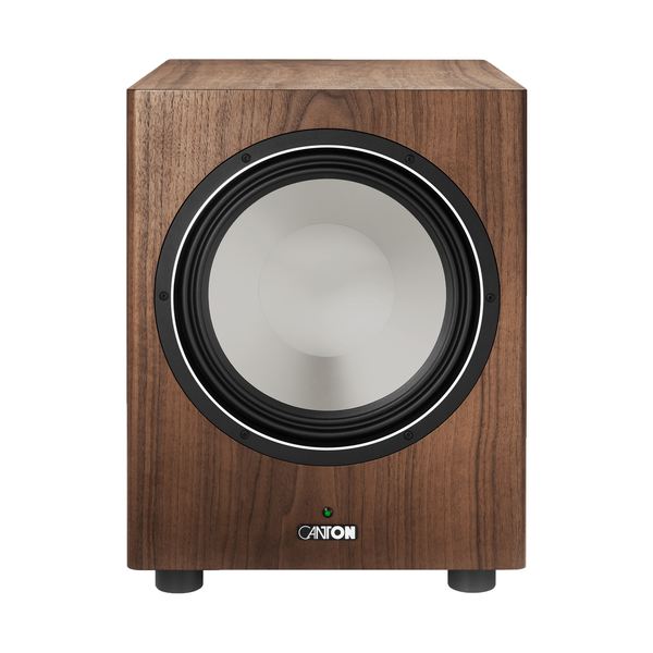 Canton Townus Sub 12 Aktiv-Subwoofer Nussbaum Frontansicht ohne Abdeckung mit sichtbarem Tieftonchassis