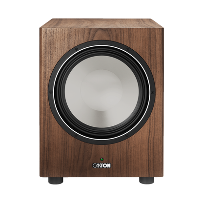 Canton Townus Sub 12 Aktiv-Subwoofer Nussbaum Frontansicht ohne Abdeckung mit sichtbarem Tieftonchassis