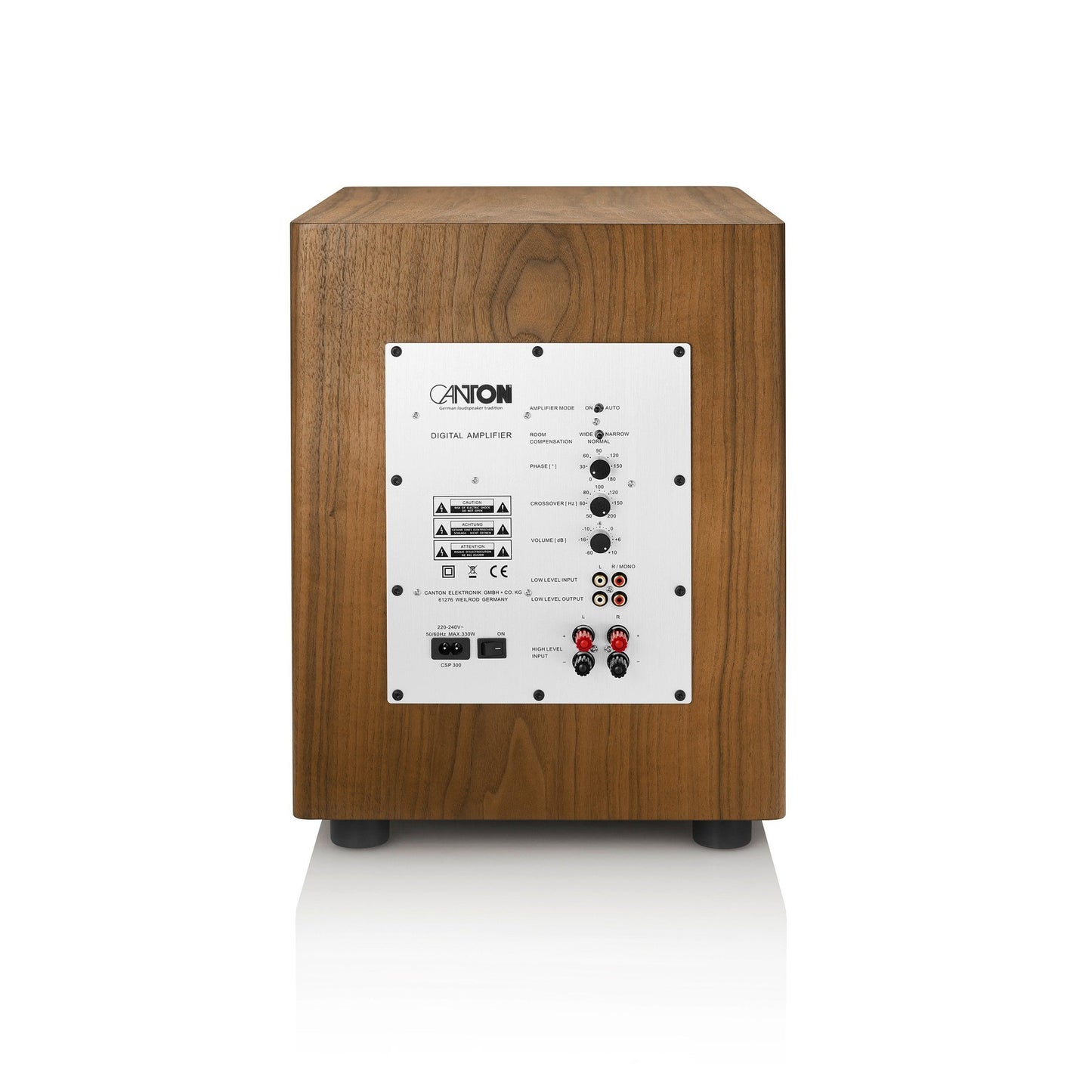 Canton Townus Sub 12 Aktiv-Subwoofer Nussbaum Rückansicht mit Verstärkerpanel, Pegelreglern und Cinch-Eingängen
