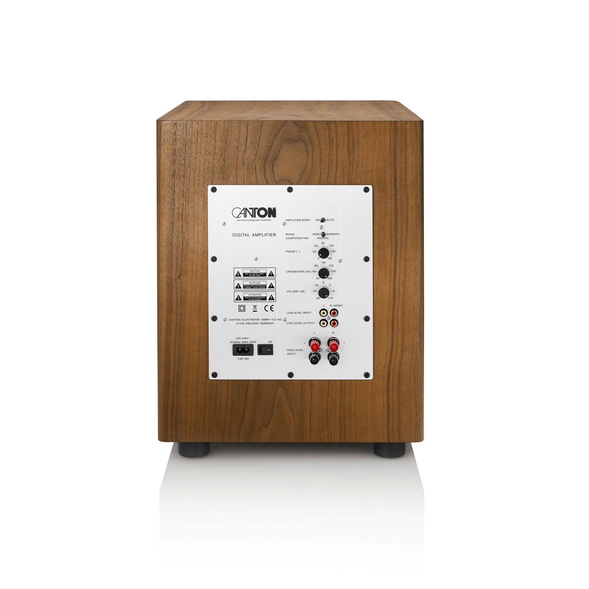 Canton Townus Sub 12 Aktiv-Subwoofer Nussbaum Rückansicht mit Verstärkerpanel, Pegelreglern und Cinch-Eingängen