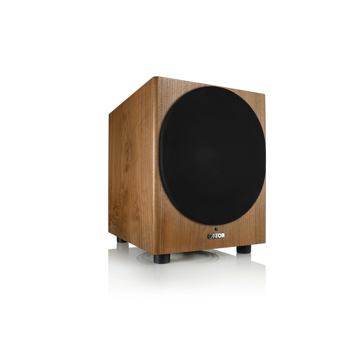 Canton Townus Sub 12 Aktiv-Subwoofer Nussbaum Schrägansicht seitlich mit aufgesetzter Stoffabdeckung