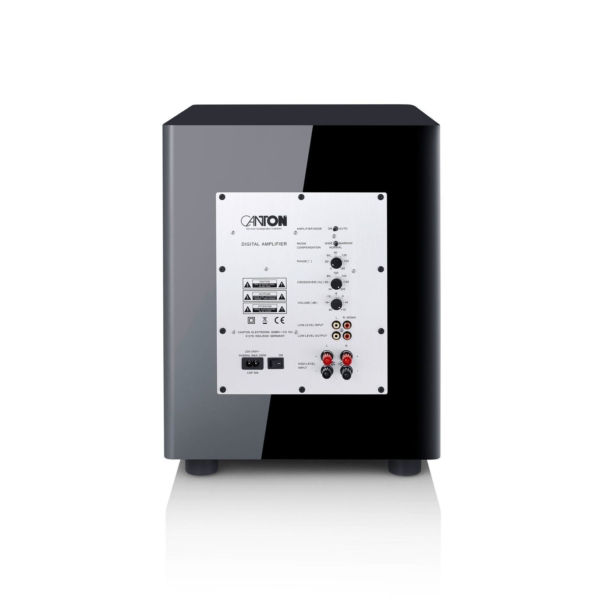 Canton Townus Sub 12 Aktiv-Subwoofer Schwarz Rückansicht mit Verstärkerpanel, Pegelreglern und Cinch-Eingängen