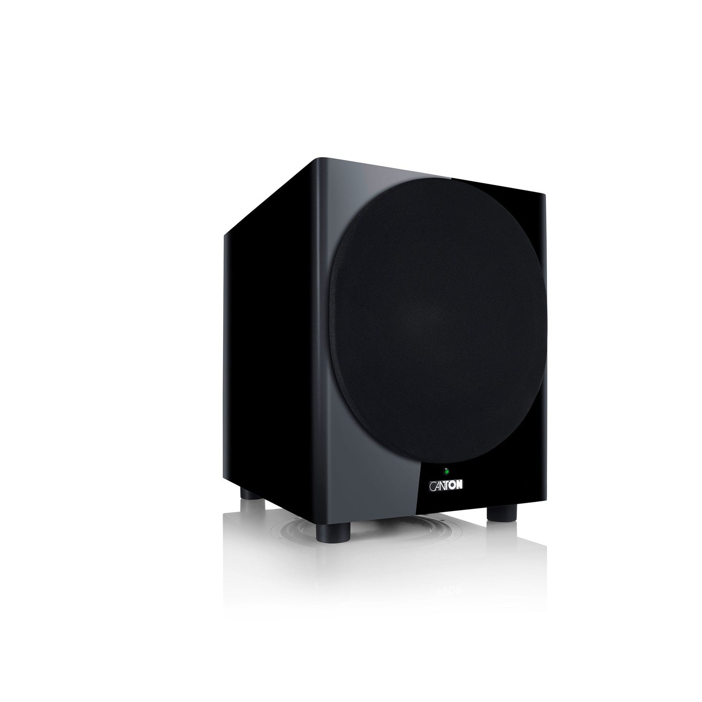 Canton Townus Sub 12 Aktiv-Subwoofer Schwarz Schrägansicht seitlich mit aufgesetzter Stoffabdeckung
