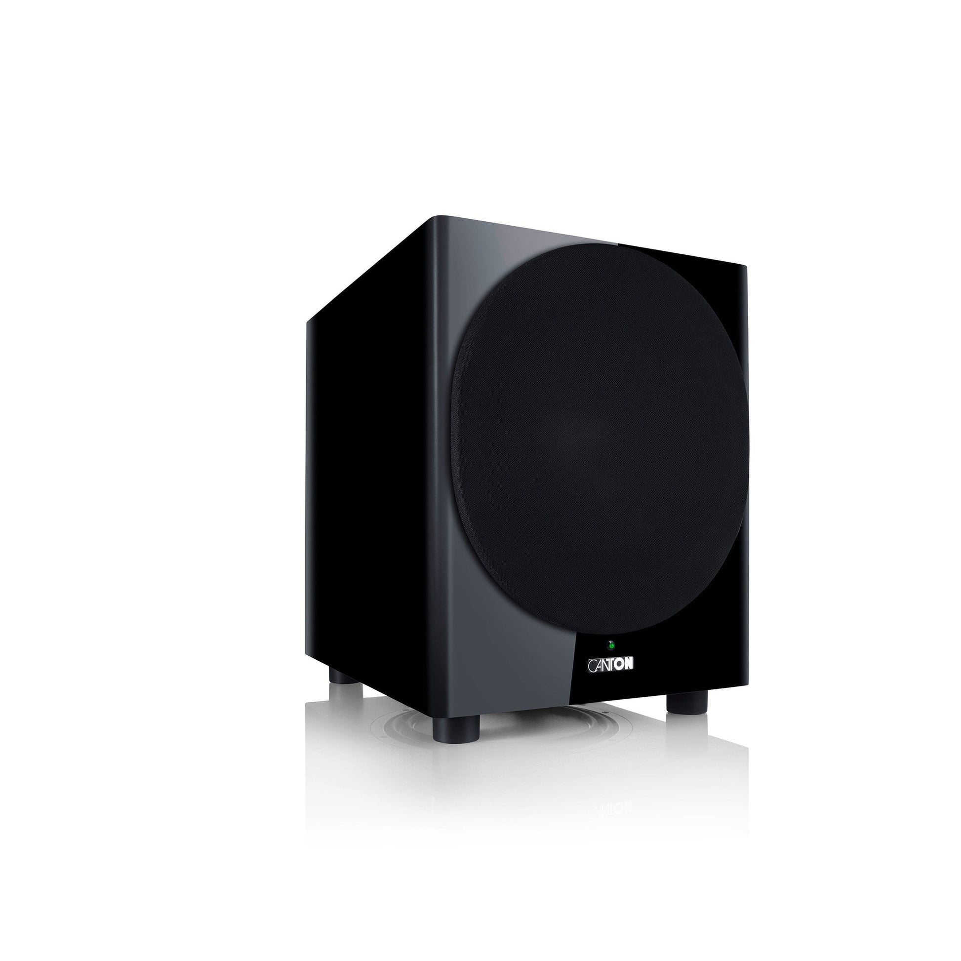 Canton Townus Sub 12 Aktiv-Subwoofer Schwarz Schrägansicht seitlich mit aufgesetzter Stoffabdeckung