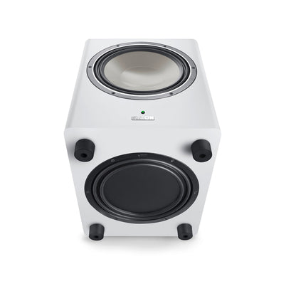 Canton Townus Sub 12 Aktiv-Subwoofer Weiss Detailansicht Downfire-Chassis auf der Gehäuseunterseite