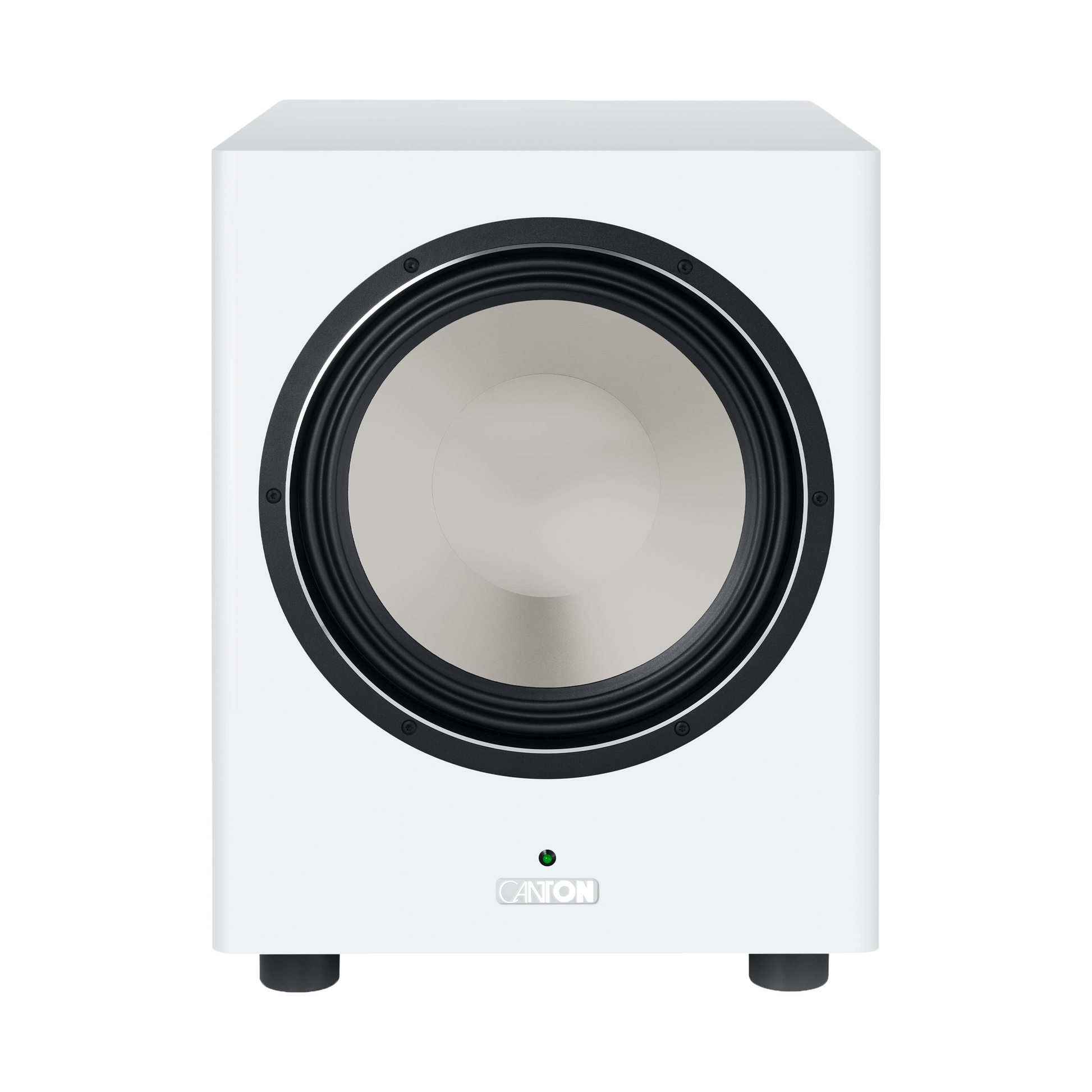 Canton Townus Sub 12 Aktiv-Subwoofer Weiss Frontansicht ohne Abdeckung mit sichtbarem Tieftonchassis