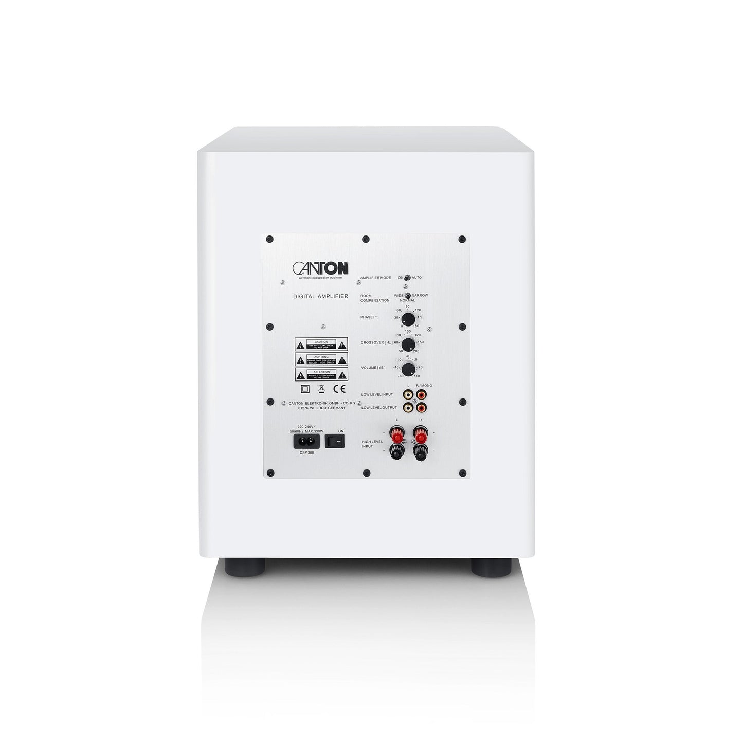 Canton Townus Sub 12 Aktiv-Subwoofer Weiss Rückansicht mit Verstärkerpanel, Pegelreglern und Cinch-Eingängen