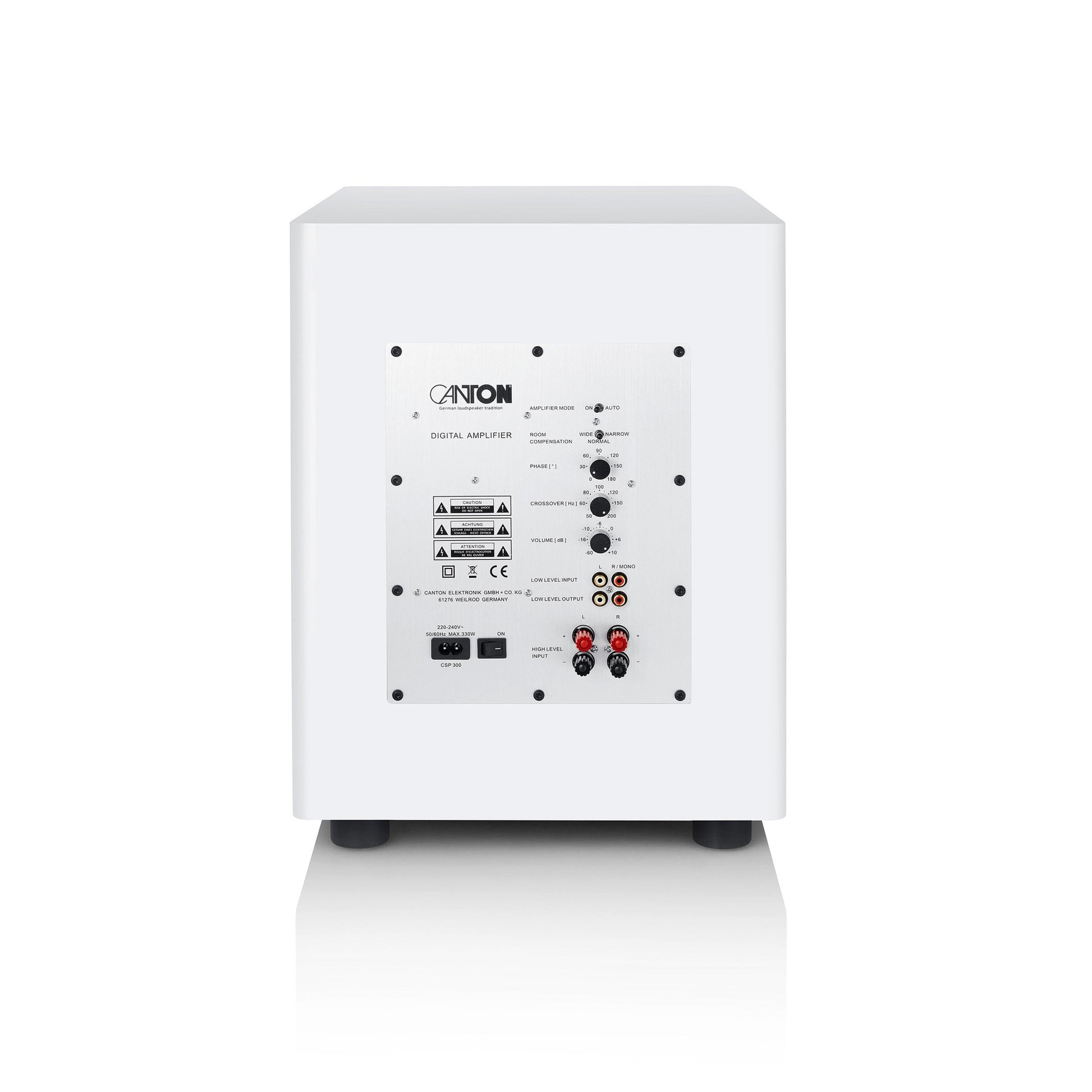 Canton Townus Sub 12 Aktiv-Subwoofer Weiss Rückansicht mit Verstärkerpanel, Pegelreglern und Cinch-Eingängen