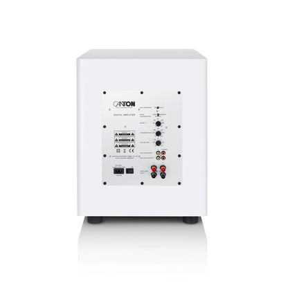 Canton Townus Sub 12 Aktiv-Subwoofer Weiss Rückansicht mit Verstärkerpanel, Pegelreglern und Cinch-Eingängen
