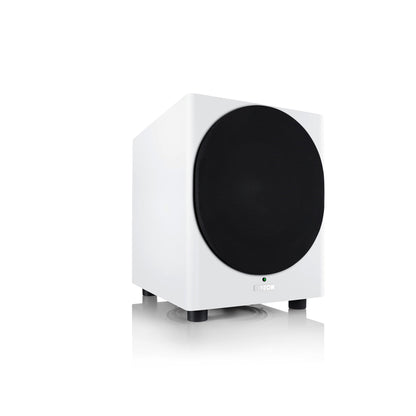 Canton Townus Sub 12 Aktiv-Subwoofer Weiss Schrägansicht seitlich mit aufgesetzter Stoffabdeckung