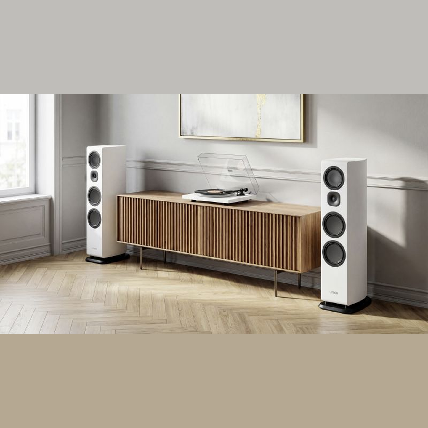 Canton Vento 101 Standlautsprecher Weiss Lifestyle im Wohnraum am Lamellen-Sideboard