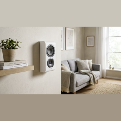 Canton Vento 11 Wandlautsprecher Weiss Lifestyle an der Wand neben einem Wandregal