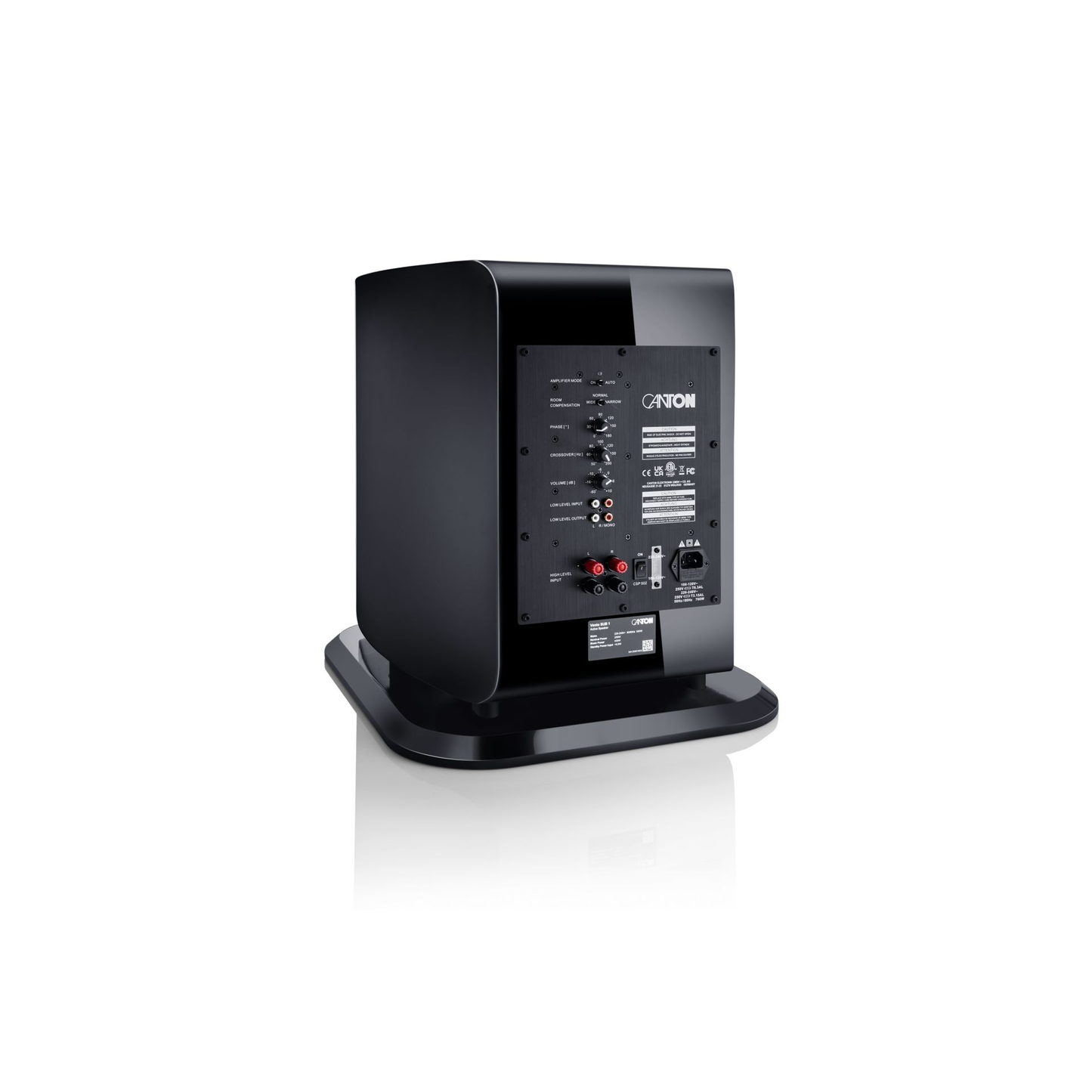 Canton Vento Sub 1 Aktiv-Subwoofer Anschlussfeld mit Cinch-Ein- und -Ausgang sowie Phasen- und Pegelregler