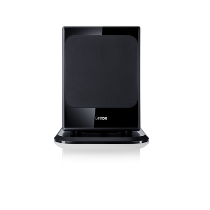 Canton Vento Sub 1 Aktiv-Subwoofer Frontansicht mit aufgesetzter Stoffabdeckung, Schwarz Hochglanz