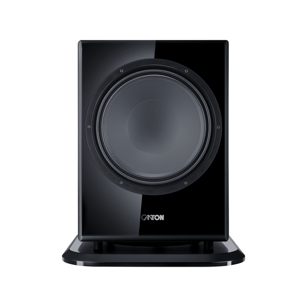 Canton Vento Sub 1 Aktiv-Subwoofer Frontansicht ohne Abdeckung, Schwarz Hochglanz, Tieftöner sichtbar