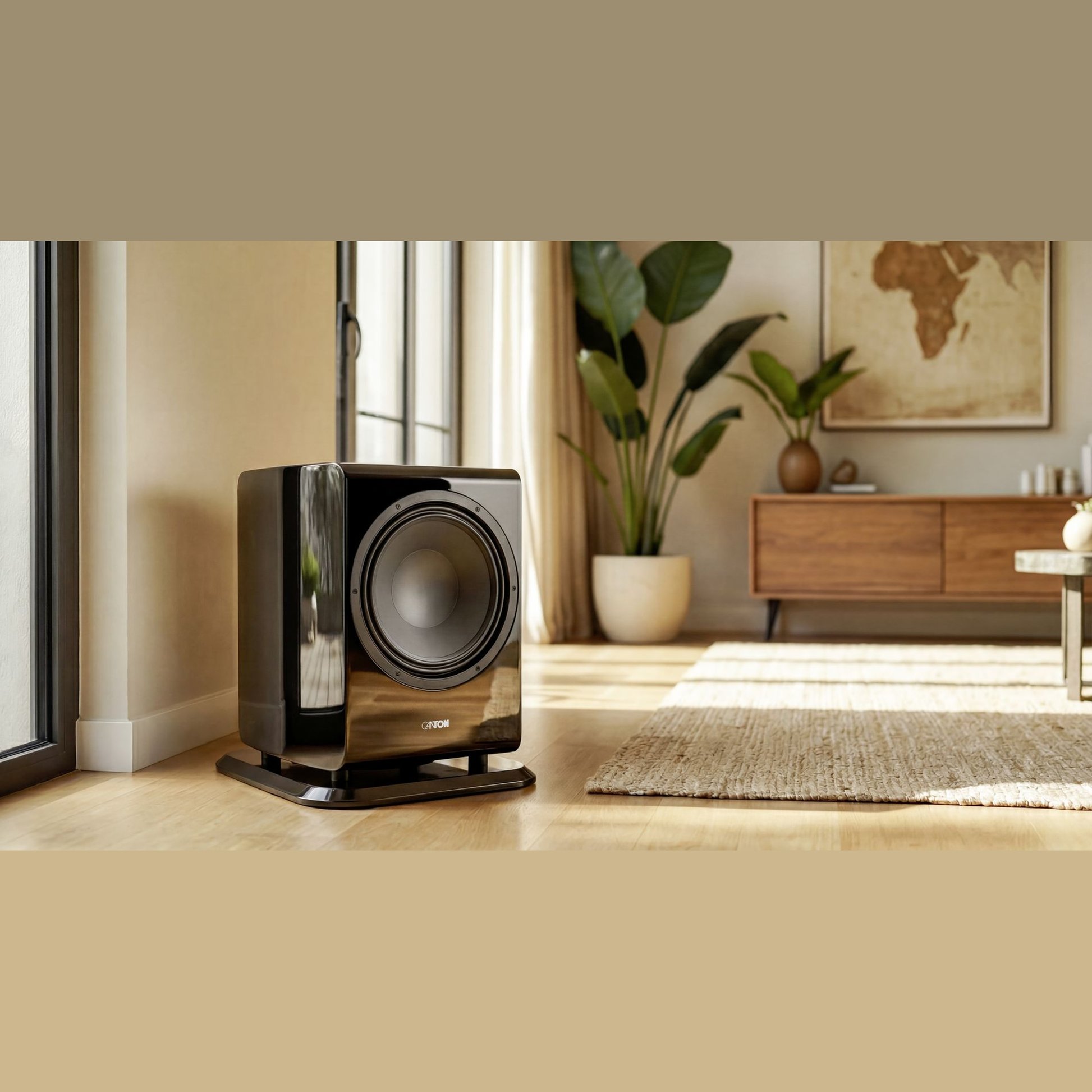 Canton Vento Sub 1 Aktiv-Subwoofer Lifestyle am Fenster im Wohnzimmer auf Holzboden, Schwarz Hochglanz